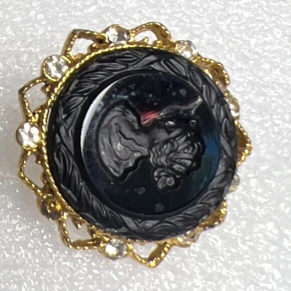 Vintage Robert Rose Cameo Clip-On Earrings Black Goldtone Filigree Rhinestone SE - Picture 10 of 11
